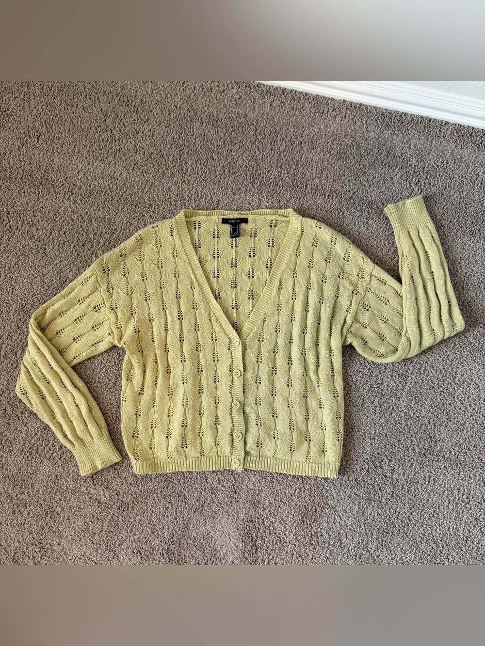Forever 21 Light Green Open-Knit V-Neck Button Cardigan